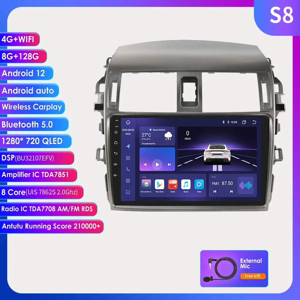 

4G Android 12 Autoradio GPS navigation Stereo DSP Carplay For Toyota Corolla E140 E150 2006-2013 7862 Multimedia Video player