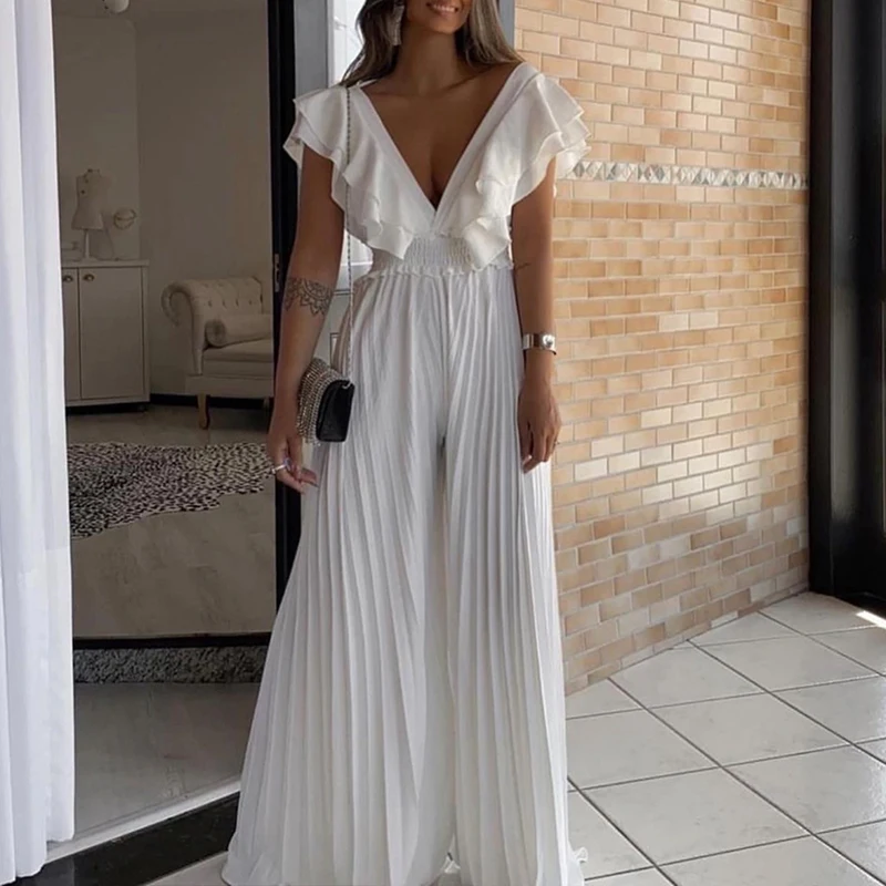 

Commuter Hollow Deep V Neck Pleated Jumpsuit Spring Solid High Waist Women Playsuit Summer Wide Leg Pants Ruffle Romper Overalls