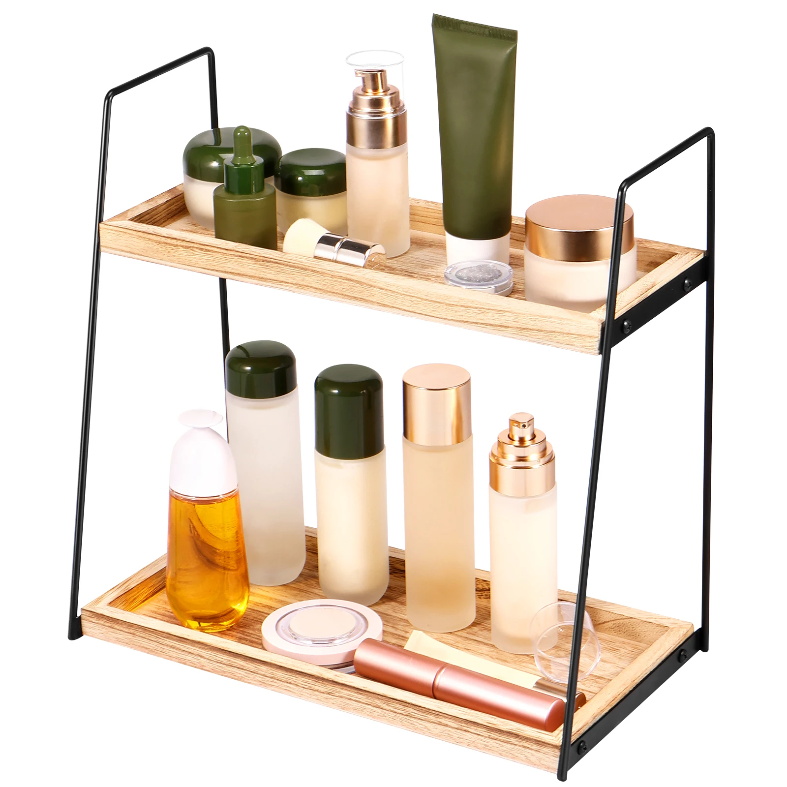 

Bathroom Counter Organizer Rack 2-Tier Wood Cosmetic Storage Shelf Space Saving Countertop Standing Rack Multipurpose Vanity
