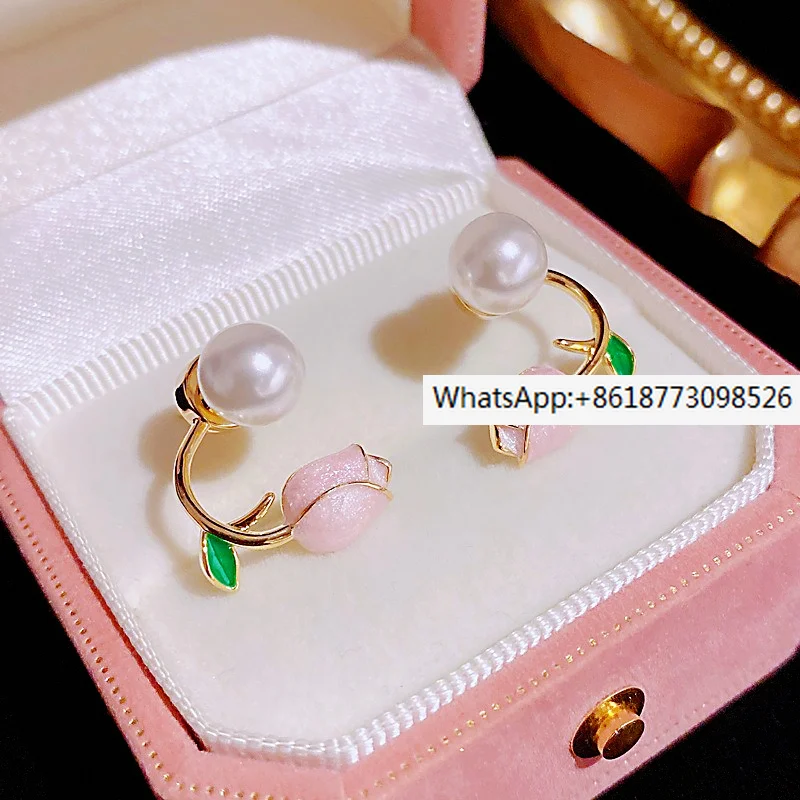 

Sweet Temperament "Pink Tulip Pearl Two Earstuds S925 Silver Needle Design Feeling Earrings