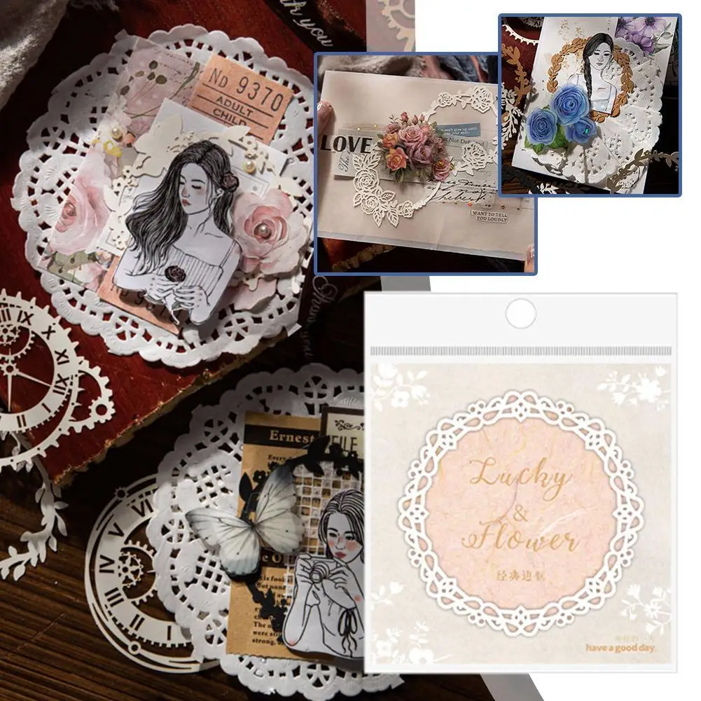 

15pcs Hollow Embossed Photo Frame Material Paper Lucky Wreath Scrapbooking Vintage Gear Lace Decorative DIY Craft Paper Collage