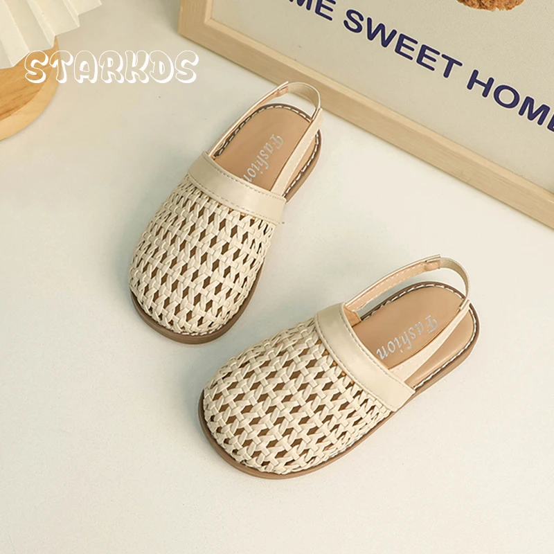 

Braided Mule Clogs for Kids Girls 2024 Summer Breathable Hollow Out Sandals Baby Casual Flat Slipper Shoe with Elastic Backstrap