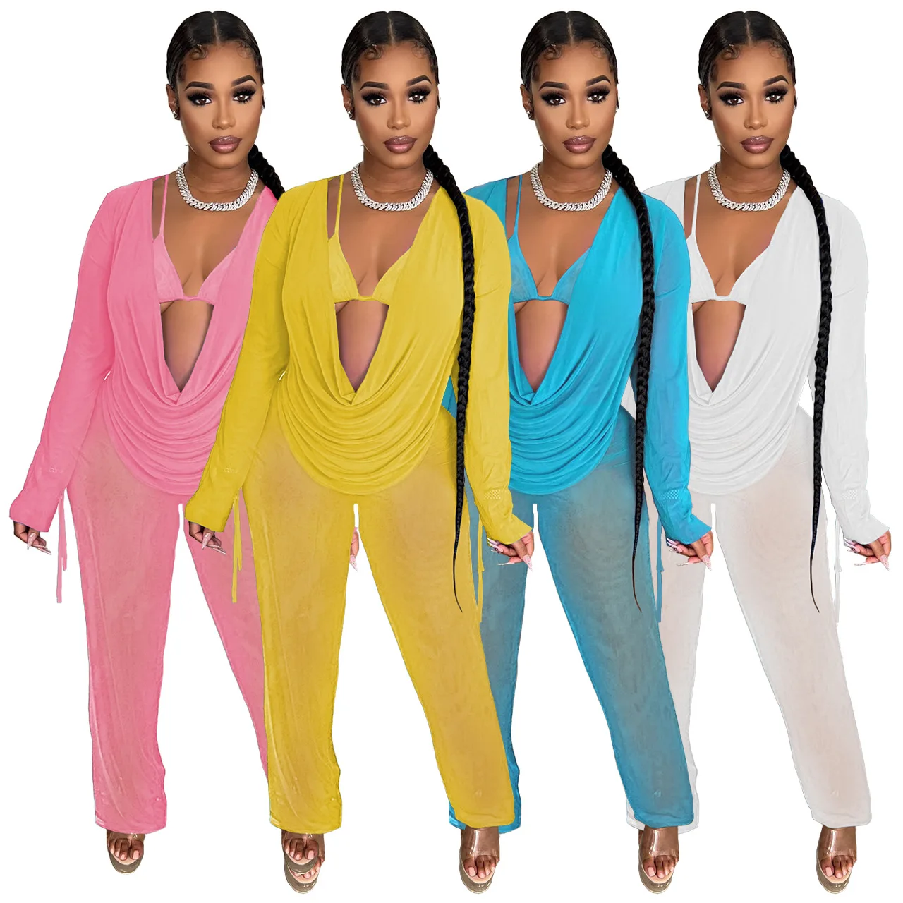 Fall Mesh Bikini Tops Two Piece Set Hollow Out Long Sleeve V Neck Swing Collar Top Casual Pant Women Elegant Sexy Luxury Outfits
Fall Mesh Bikini Tops Two Piece Set Hollow Out Long Sleeve V Neck Swing Collar Top Casual Pant Women Elegant Sexy Luxury Outfits