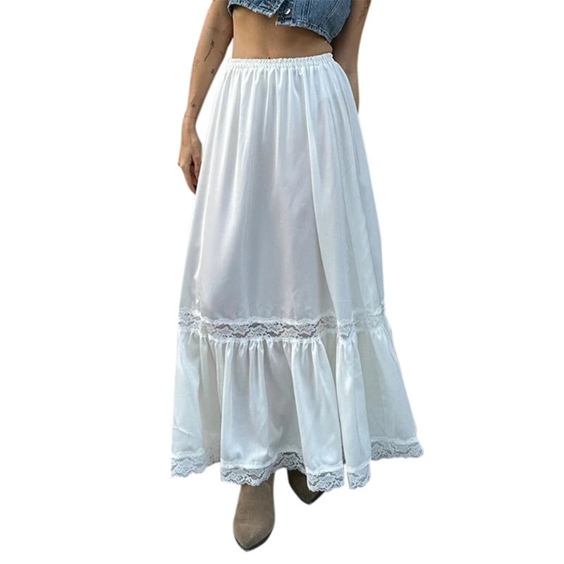 

Womens Elegant Elastic High Waist Long Skirt Casual Loose Draped Flowy Skirts Ruffle Lace Trim Pleated A Line Maxi Skirt