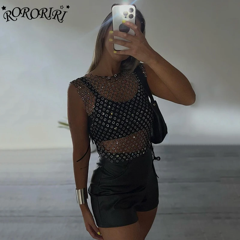 

RORORIRI Women Diamante Floral Mesh Crop Top Overlay Retro Black Sheer Mesh Summer Smocked Sleeveless Vest Party Night Clubwear