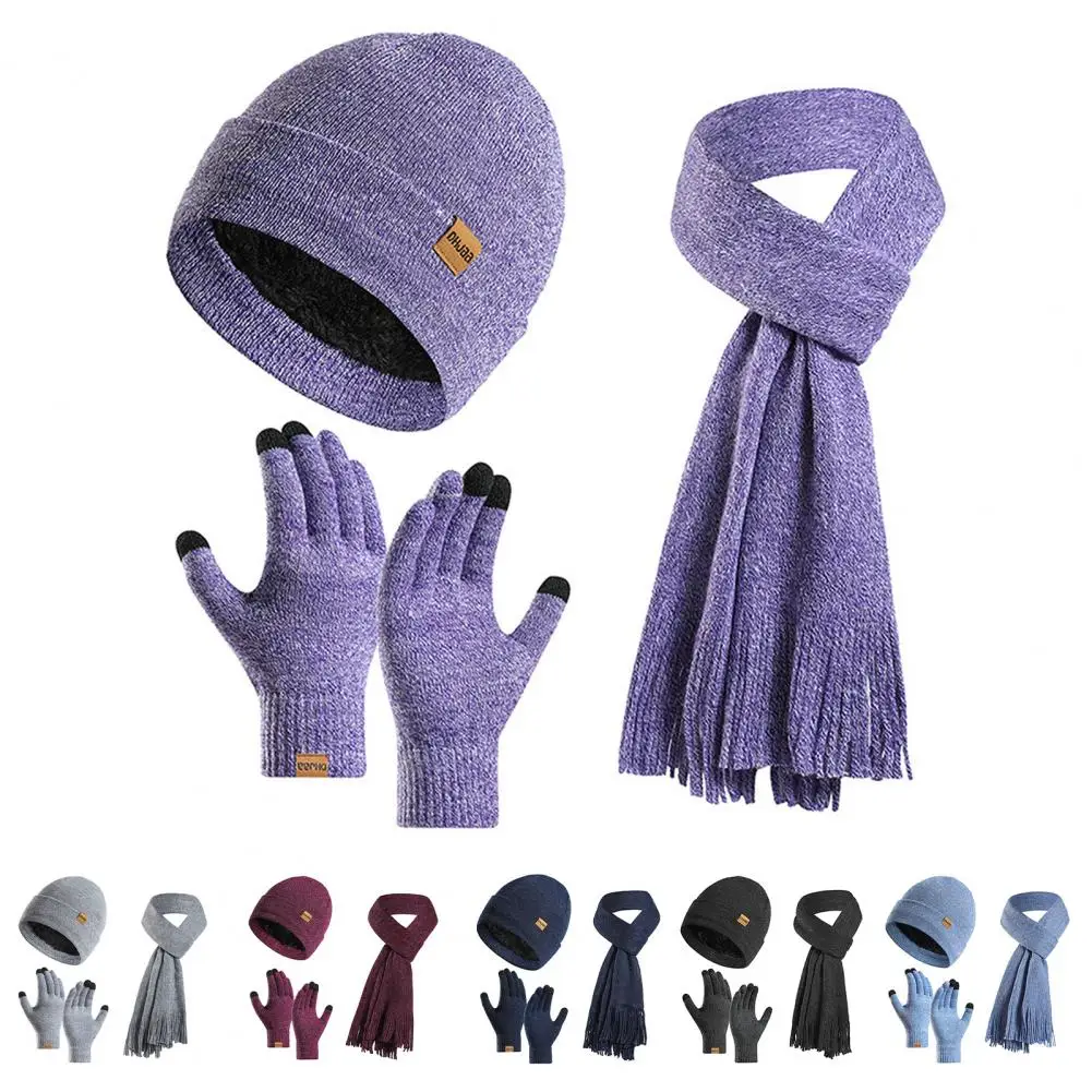 

1 Set Winter Hat Scarf Gloves Set Thick Knitted Soft Warm Elastic Solid Color Ear Protection Five Fingers Windproof Unisex Winte