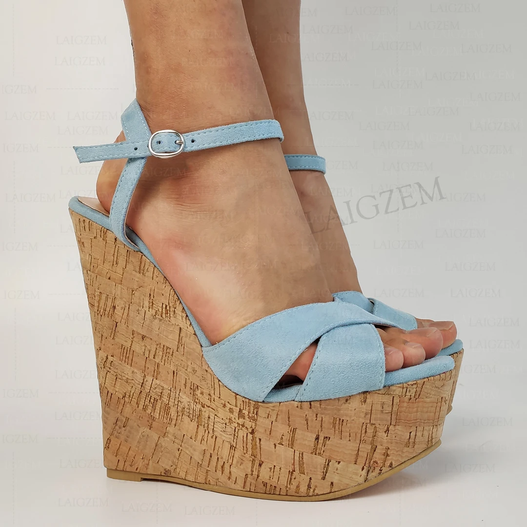 

LAIGZEM Women Sandals Platform Wedges Ankle Strap Faux Suede Pumps Party Summer Female Ladies Shoes Woman Big Size 41 44 47 52