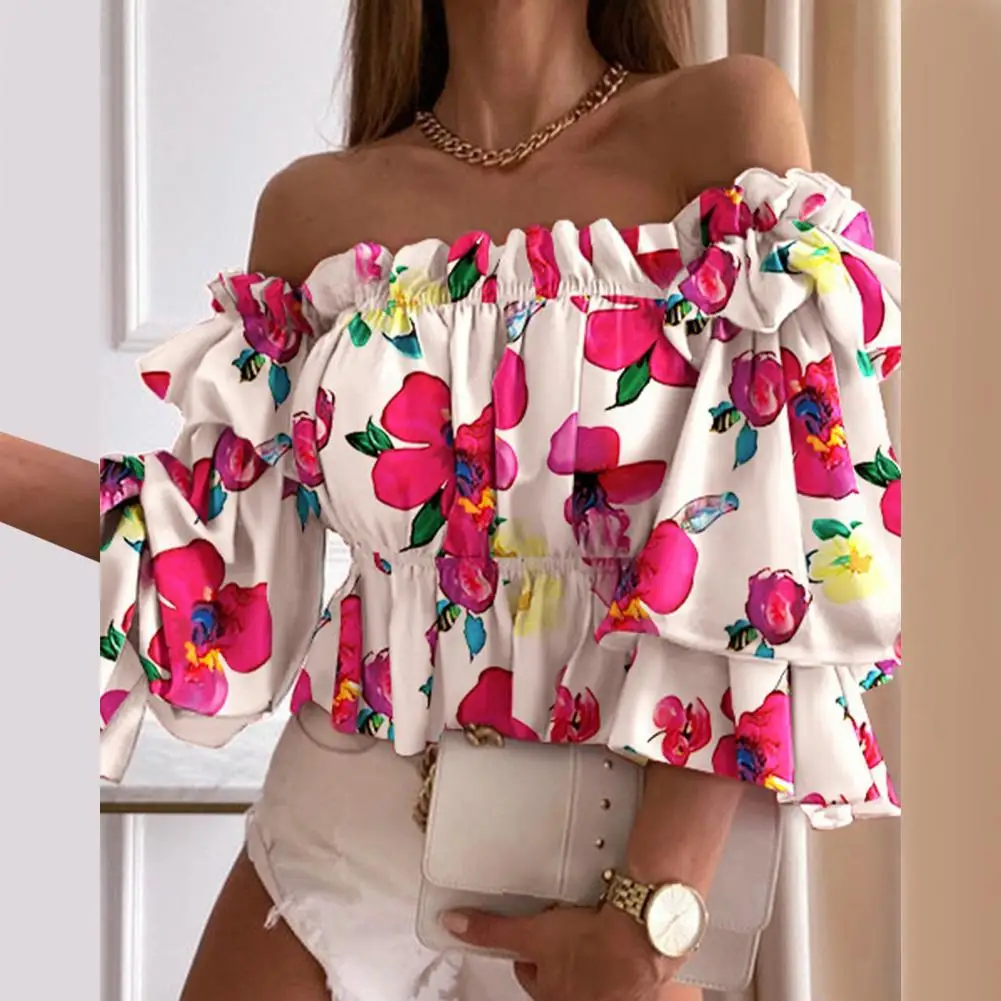 

Women Blouse Flare Sleeve Shirt Colorful Multi-layer Elegant Off Shoulder Flounce Shirt Printed Pleated Ladies Ruffles Shirt