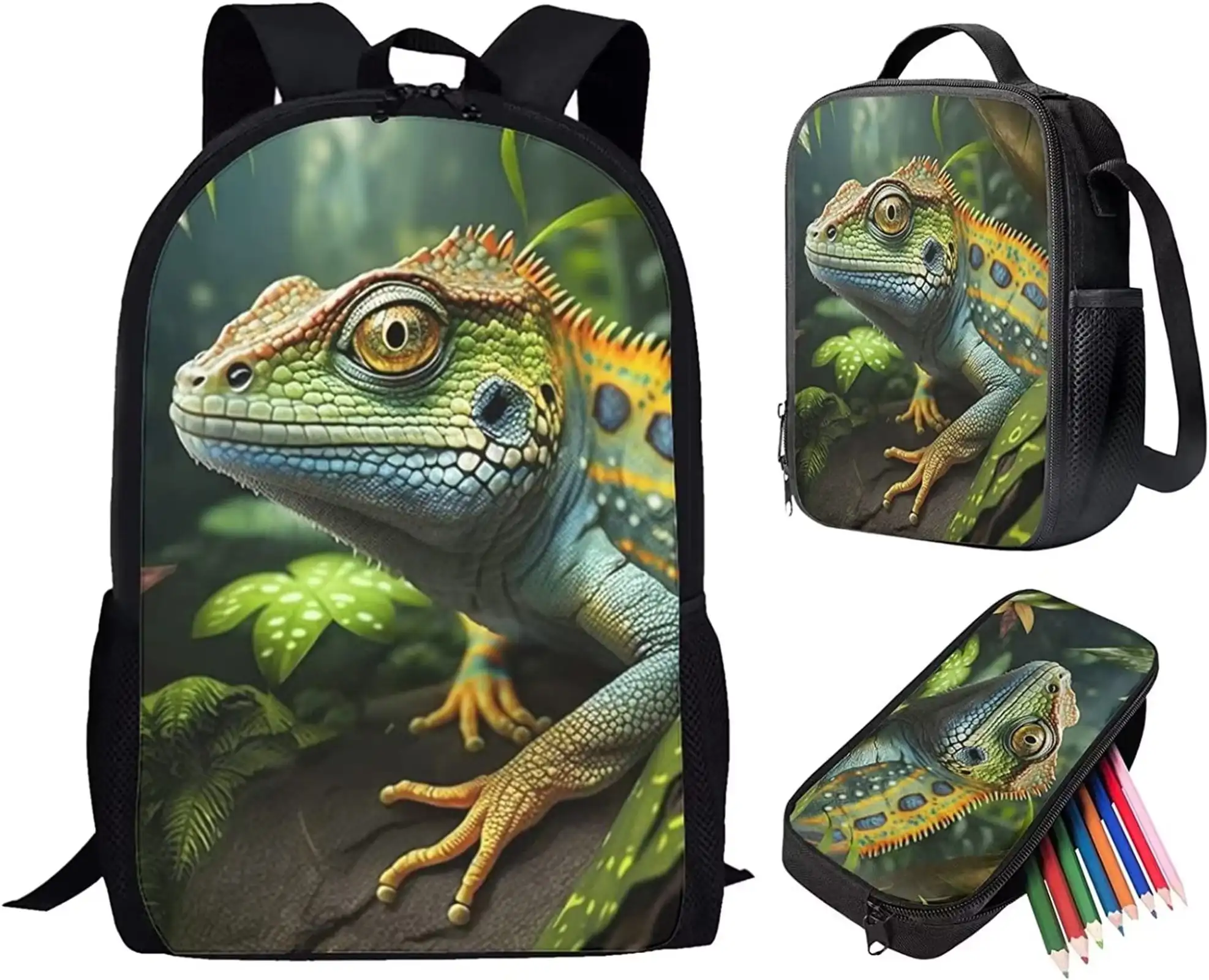 

Lizard Backpack for Elementary Teenagers Boys 3 In 1 School Bag with Lunch Box Pencil Case for Kids 3D Animals Travel Daypack