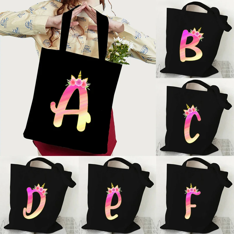 

Холщовая Сумка-тоут для женщин, сумочка с рисунком розового единорога и алфавита в стиле Харадзюку, шоппер в эстетическом стиле, Женский саквояж на плечо