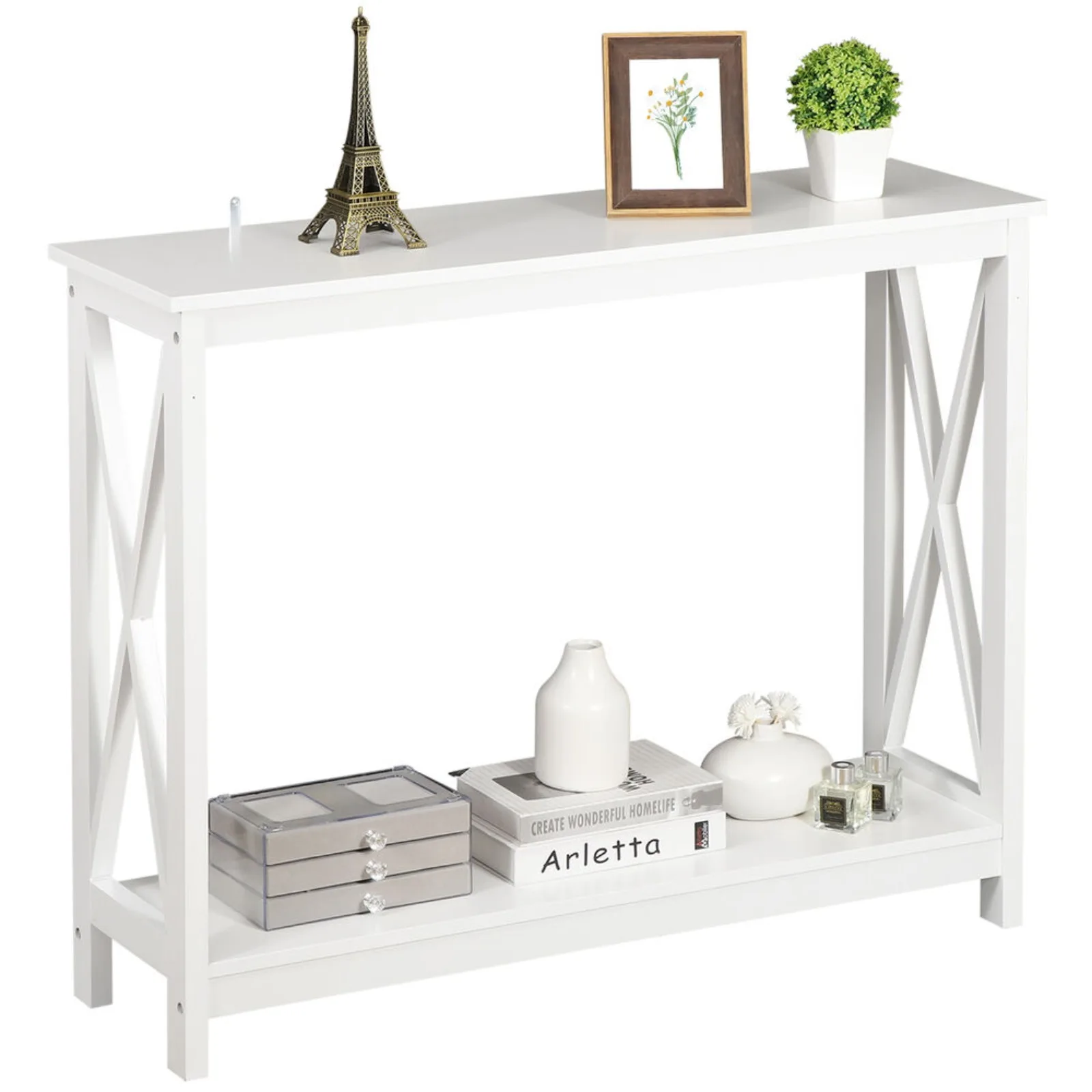 

US 2-Tier Narrow Console Table for Entryway Storage Shelf Modern Accent Sofa White