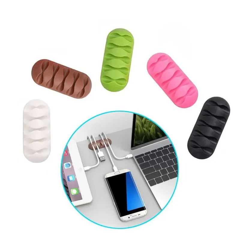 

5Holes USB Cable Organizer Cable Clamp Wire Winder Earphone Holder Cord Silicone Clip Phone Line Desktop Management Random Color