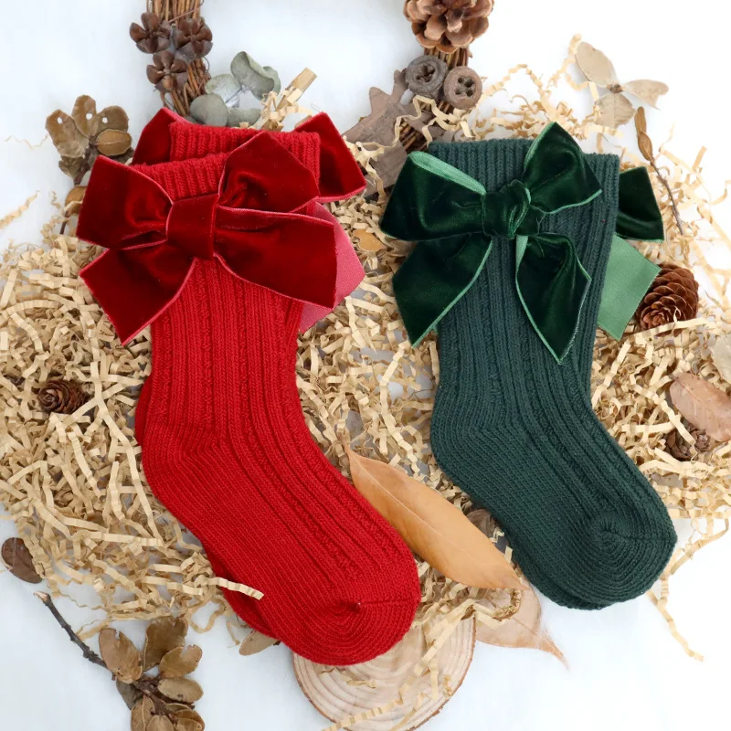 

Baby Girls Christmas Socks Winter Kids Knee High Big Bow Knit Thicken Woolen Socks Newborn Infant Leg Warmer Soft Long Socks