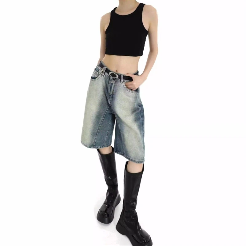 

Women's Tie Dye Design Gradient Blue Denim Shorts Unisex Style Wide Leg Capris Female High Waist Straight Kenn-length Jeans