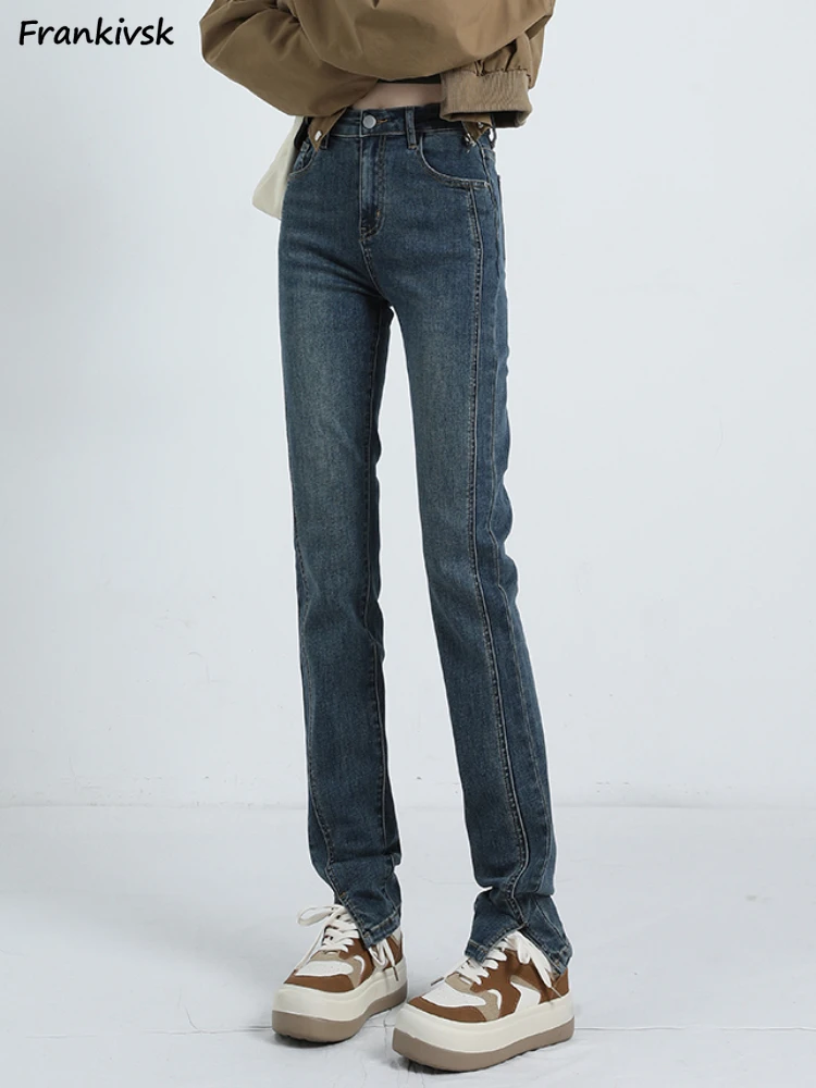 

Slim Straight Jeans Women Slit Ankle Length Japanese Style Trendy Streetwear Harajuku Elegant Stretchy Simple Bleached Denim