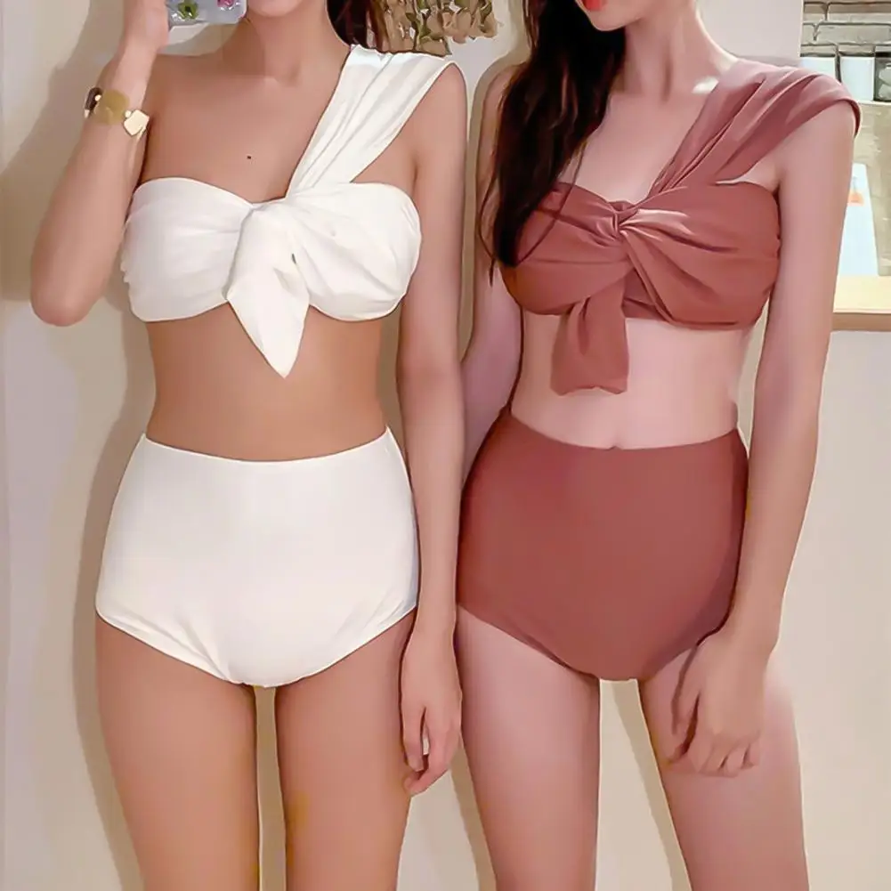 

Women Bondage One Shoulder Off Bikini Lady Girls Two-piece Polyester Girl Sexy Split Swimwear Beachwear