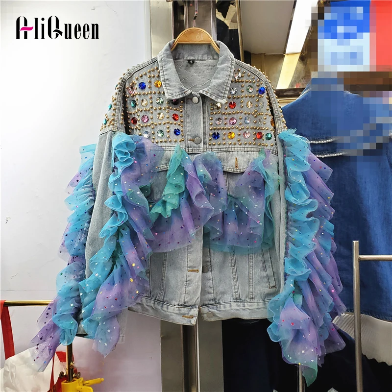 European Tide Brand Streetwear Heavy Industry Sequins Stitching Mesh Denim Jackets Women Oversized Rivet Diamonds Jeans Coats
European Tide Brand Streetwear Heavy Industry Sequins Stitching Mesh Denim Jackets Women Oversized Rivet Diamonds Jeans Coats