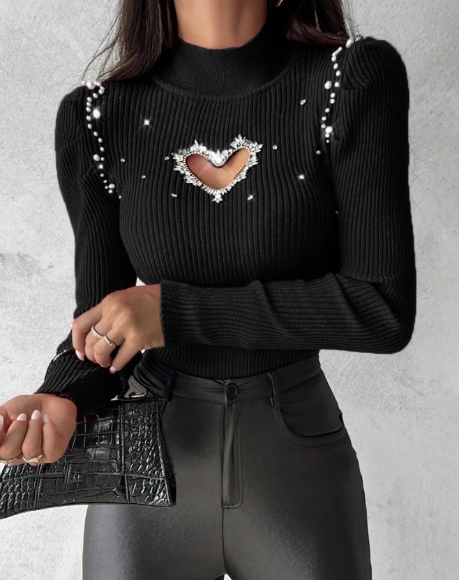 

Women Sexy Sweater 2024 Early Spring Latest Mock Neck Long Sleeve Rhinestone Hollow Heart Knit Tight Fit Daily Versatile Sweater