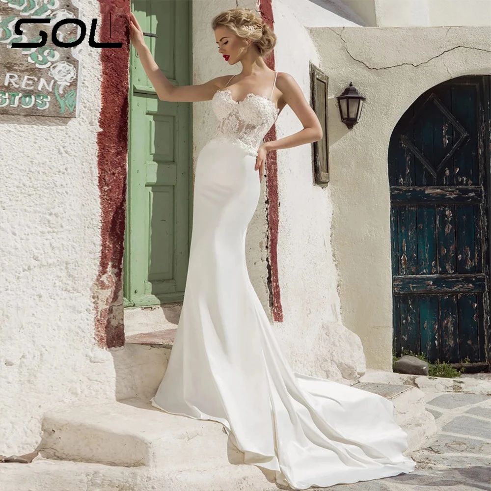 

Женское кружевное свадебное платье Sol, простое платье с вырезом и аппликацией, с юбкой-годе, со шнуровкой сзади и вырезом сердечком, платье из спандекса для невесты, 2024