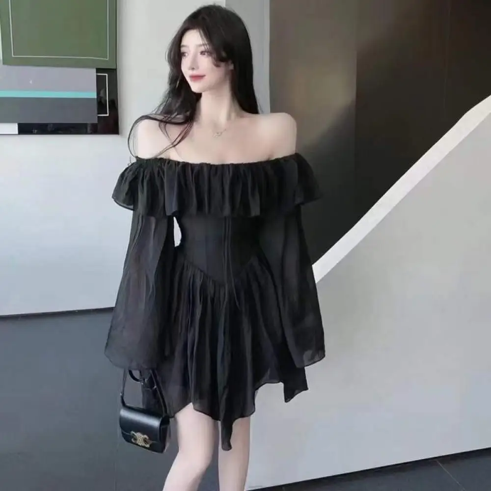 

Fashion Brand Sexy One Line Collar Ruffled Edge Waist Tied Slim Holiday Dress Brown Black Long Sleeve Mini Dresses 2024 Summer