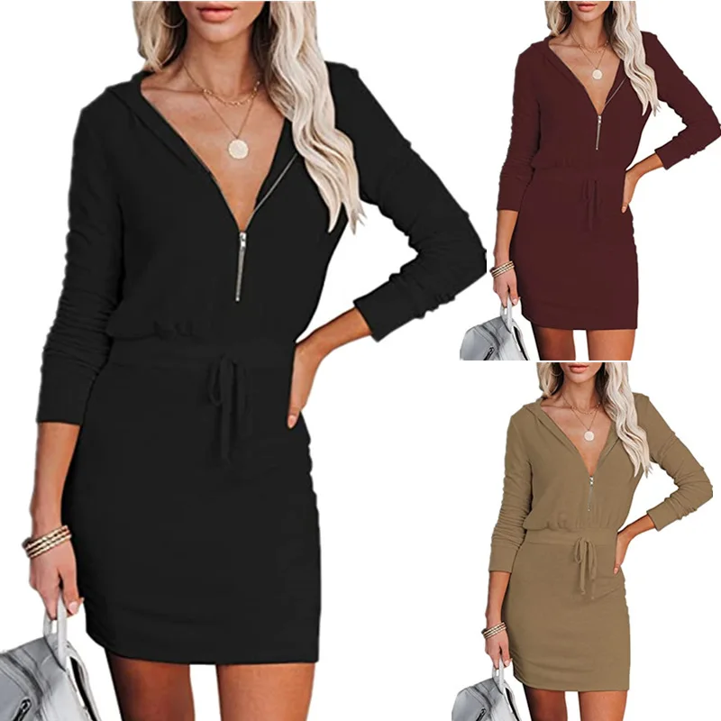 

Women's Autumn And Winter New Casual Solid Color Zipper Hood Waist Long Sleeve Dress Fashion Solid Color Female & Lady Dresses