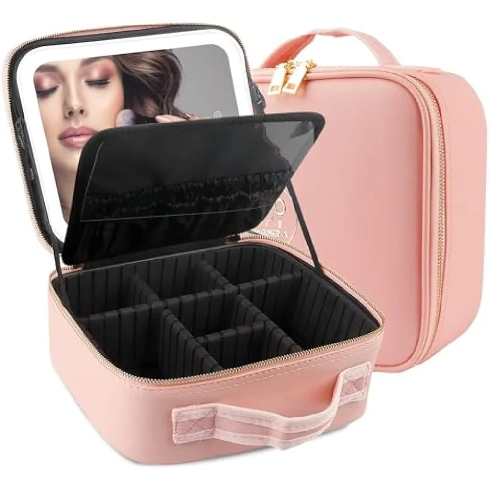 

Travel Makeup Case with Large Lighted Mirror Partitionable Cosmetic Bag Professional Cosmetic Organizer,Waterproof Portable,Pink