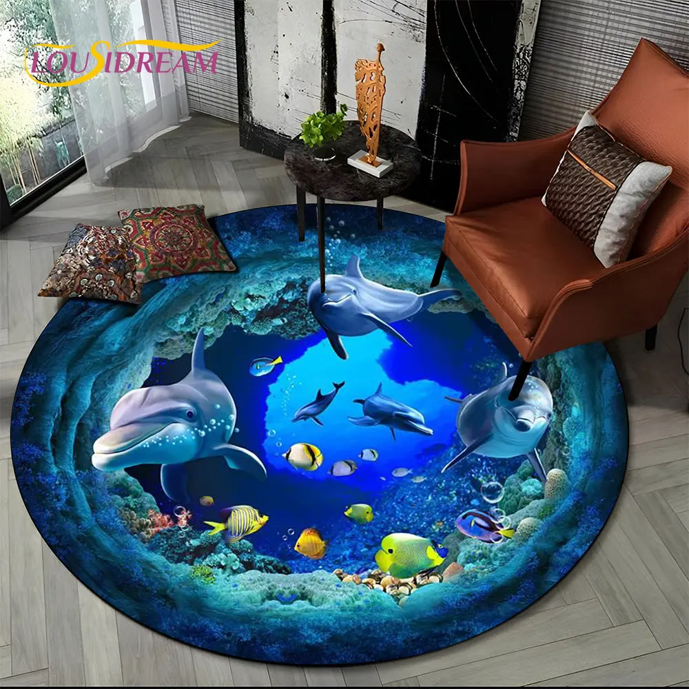 

3D Seabed Illusion Underwater World Dolphin Round Area Rug,Carpet for Living Room Bedroom Sofa Playroom Decor,Non-slip Floor Mat