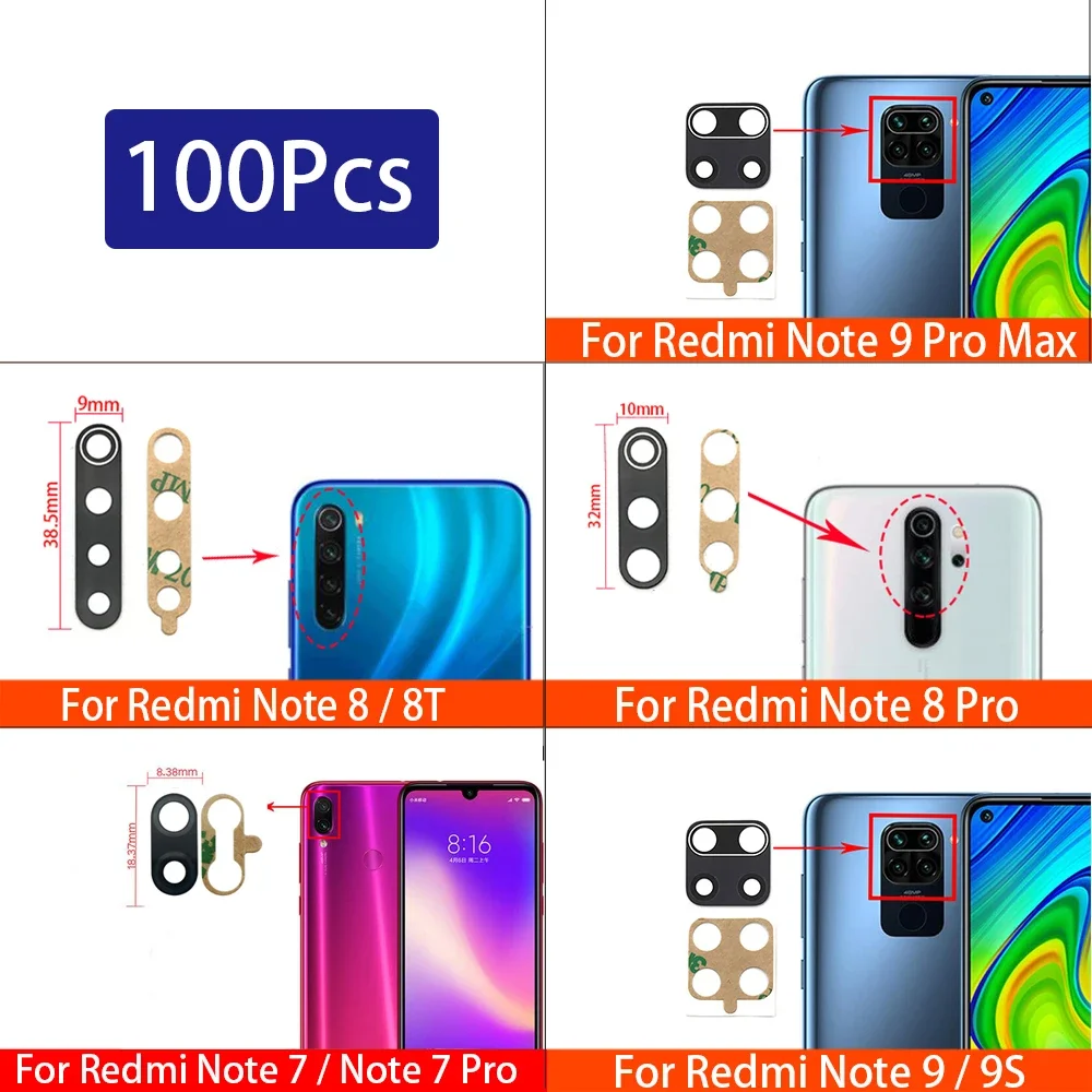 

100Pcs，100% Original Rear Back Camera Glass Lens Cover For Xiaomi Redmi Note 4 4X 5A 5 6 7 8 9 Pro Max 8T 9S 9T 5G With Adhesive