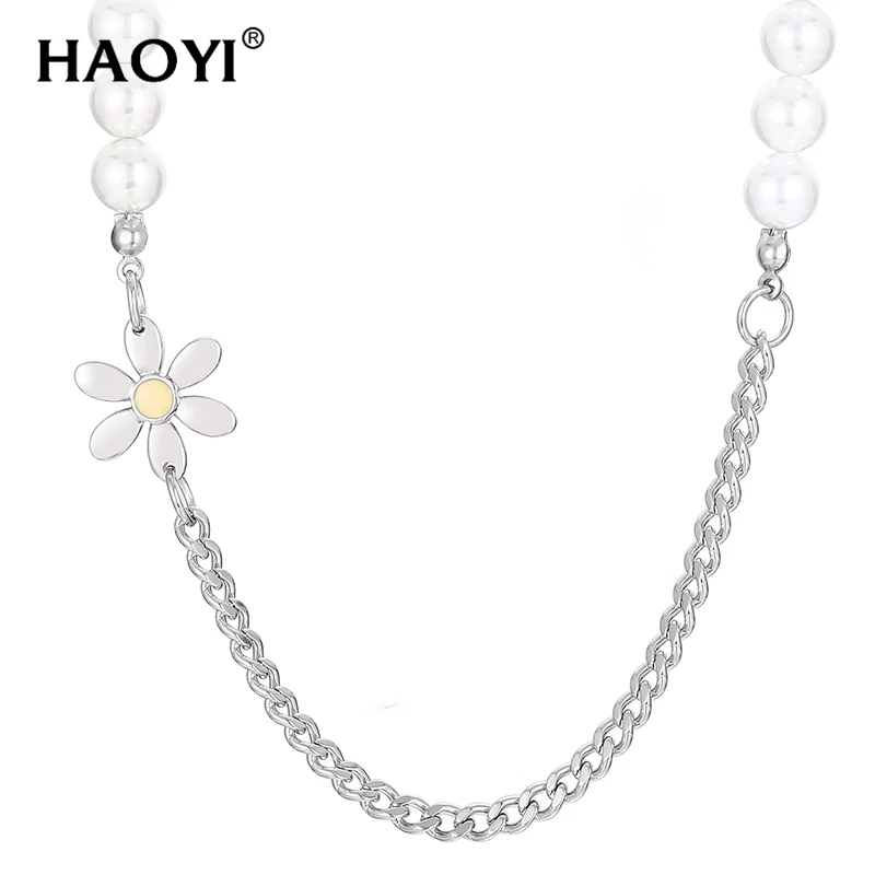 

Personality Ins Shell Pearl Choker Stainless Steel Small Daisy Cuban Chain Necklaces For Women Men Fashion Party Charm Jewelry