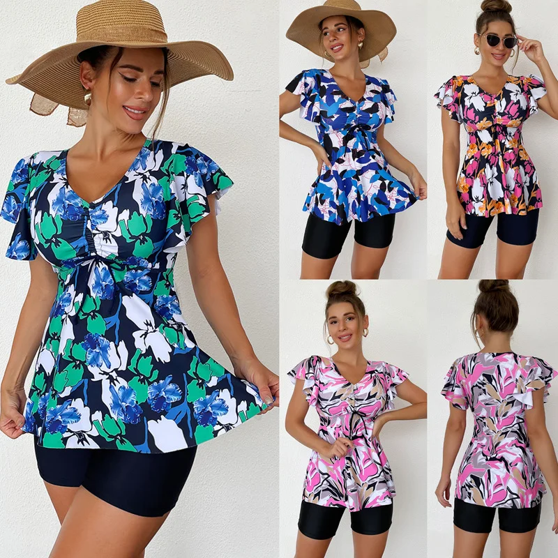 

Swimwear 2023 Women Summer Plus Size Swimwear Tankini Set Crochet Dress Dress Waist Floral Print Flat Angled Swimwea