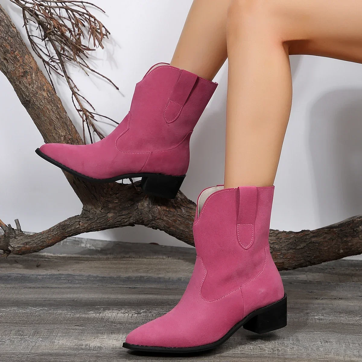 

Autumn Winter Women's Western Boots Plus Size Suede Pionted Toe Chunky Heel Mid Calf Boots for Women Vintage Dress Heeled Shoes