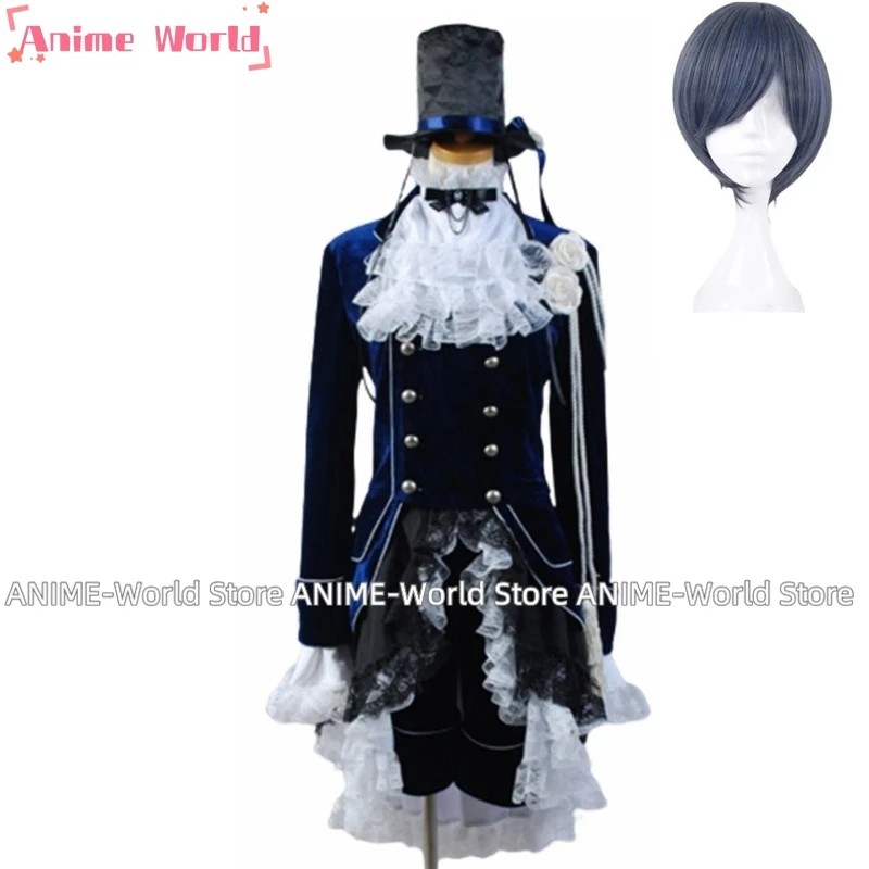 

》 Пользовательский размер 》 Аниме Kuroshitsuji Небесный Phantomhive темно-синий косплей костюм Хэллоуин унисекс парик
