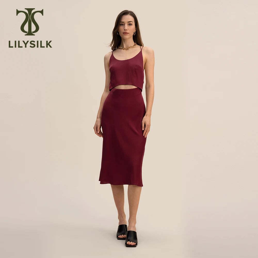 

LILYSILK Silk Party Dress 2023 Brand New Sexy Hollow Out Bandage Back 22 Momme Bodycon Sundress Patry Clothing Free Shipping