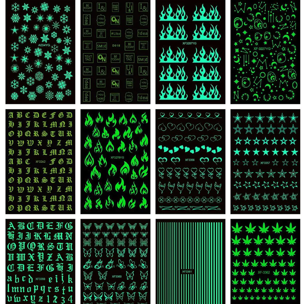 

1 Sheet Glow in the Dark Nail Art Sticker Snowflakes Flame Old English Alphabet Pentagram Butterfly Line Heart Star Leaf Decals