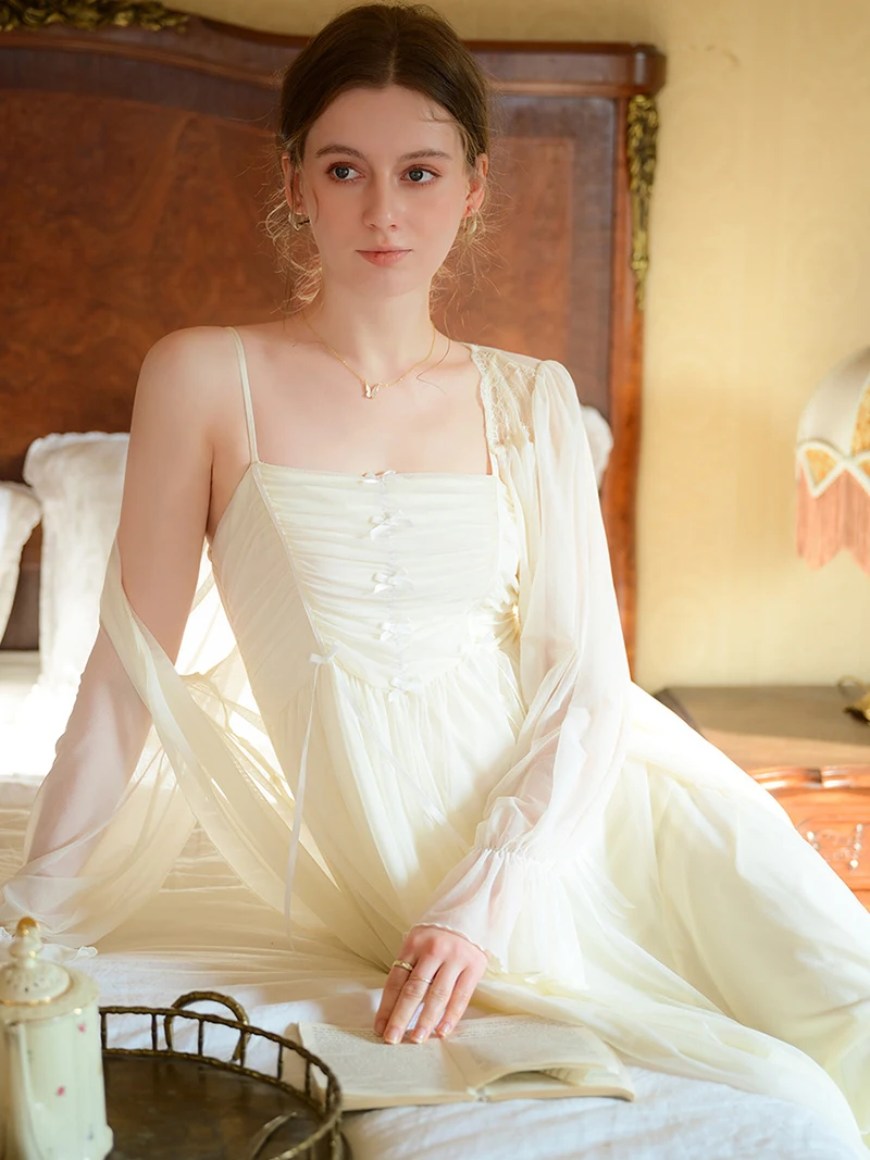 

Summer Mesh Vintage Princess Lace Pajamas Sleepwear Women Fairy Ruffles Lolita Nightdress Victorian Nightgowns Home Fury Set