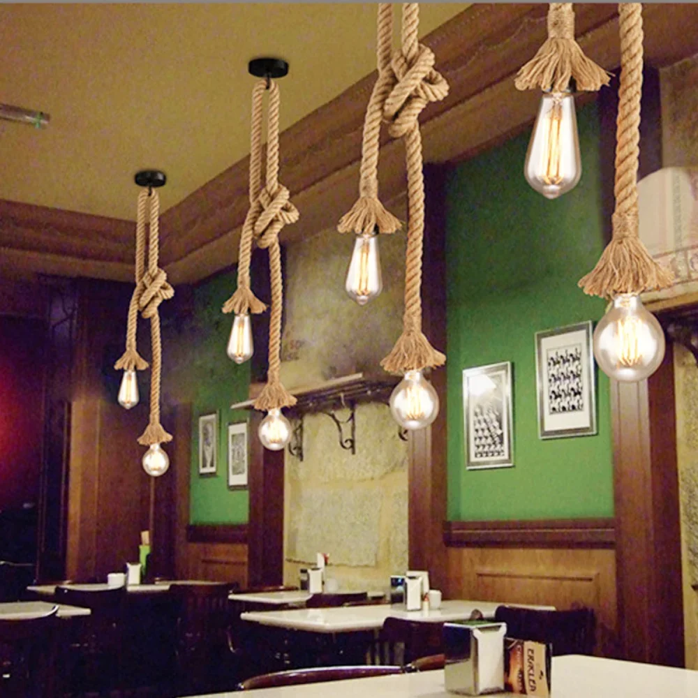 

Retro Vintage Hemp Rope Pendant Light American Industrial Hanging Lamps Creative Loft Country Style Ceiling Lamps E27 Edison LED