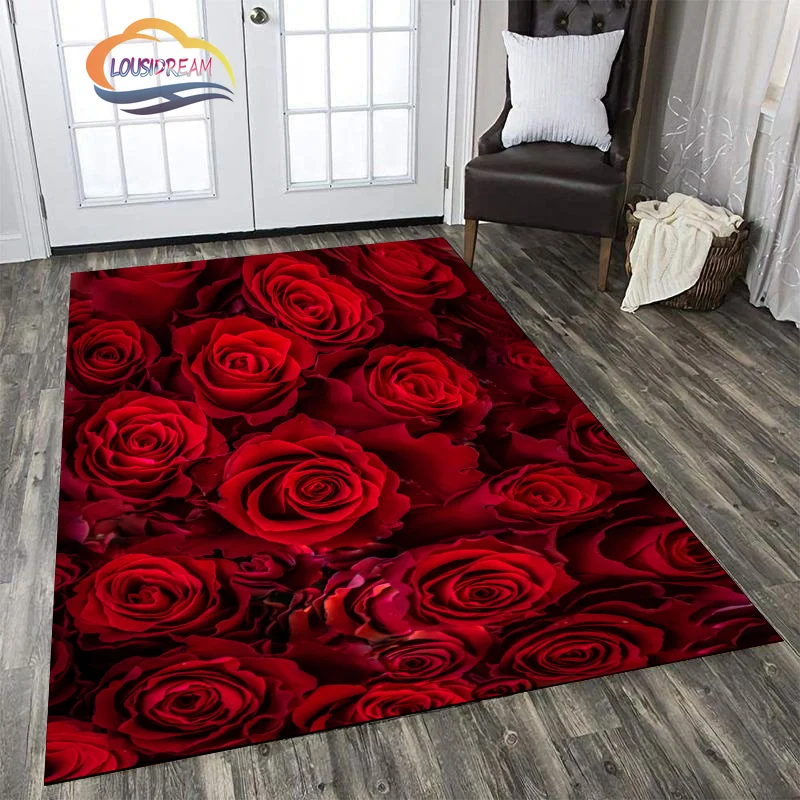 

Red Rose Flower Rug Valentine's Day Floor Mats Area s Pattern Print Large Carpet flowers Carpets for Living Room