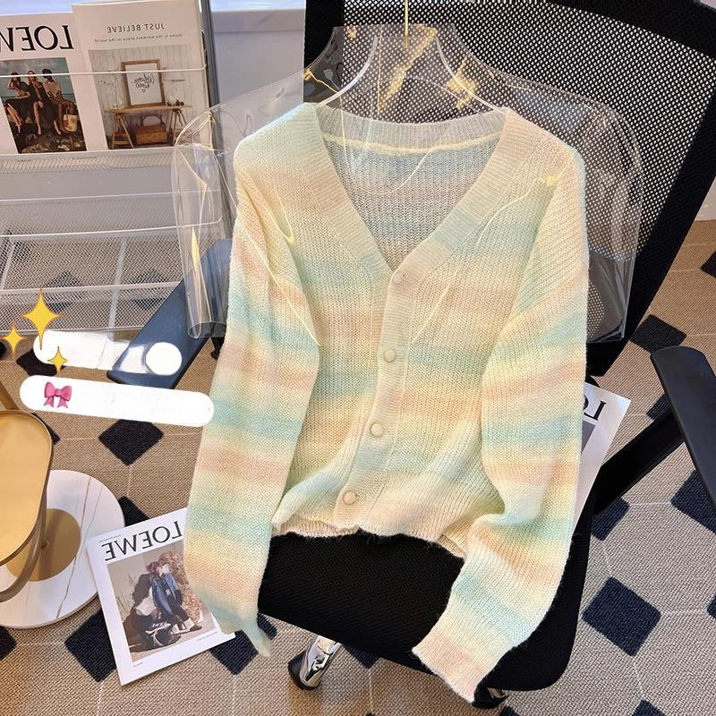 Colorful Striped V-neck Long-sleeved Knitted Cardigan Women's 2024 Spring Korean-style Short Single-breasted Sweater for Women
Colorful Striped V-neck Long-sleeved Knitted Cardigan Women's 2024 Spring Korean-style Short Single-breasted Sweater for Women