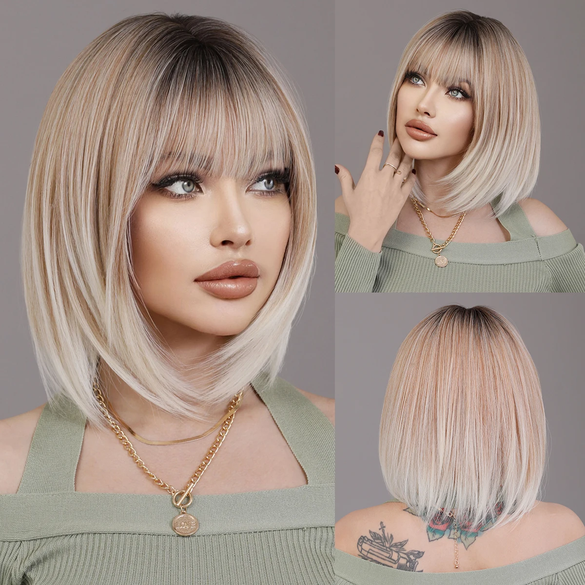 

NAMM Ash Ombre Bob Blonde Women Wig for Women Daily Party Short Straight Wigs Synthetic Wigs with Fluffy Bangs Heat Resistant