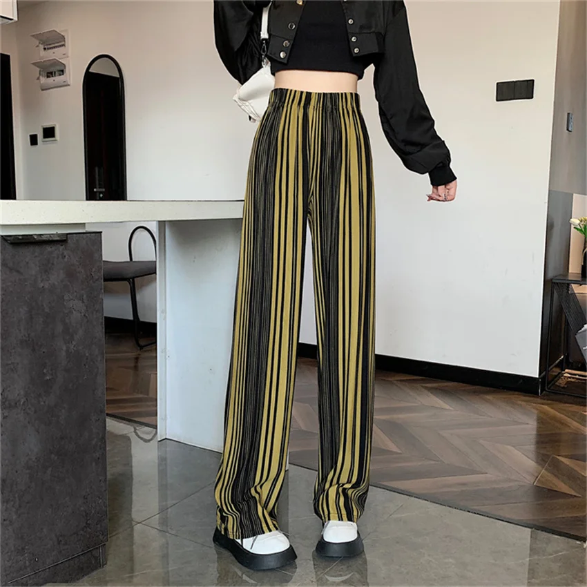 

2022 Модные женские тонкие брюки Gowyimmes большого размера, повседневные свободные женские длинные брюки с широкими штанинами, брюки в полоску, женская верхняя одежда PD1442