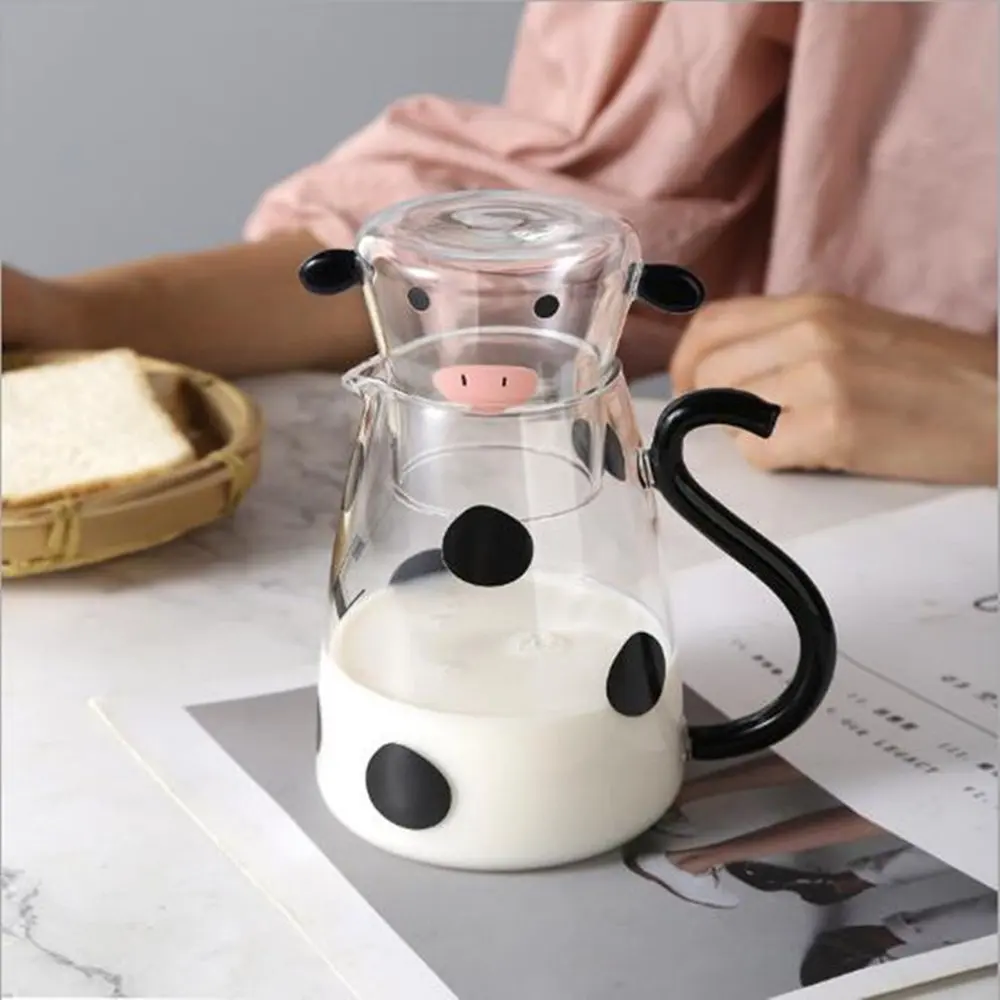 

Cartoon Cow Shaped Glass Milk Juice Jug Coffee Cold Kettle Glass Water Pitcher with Glass Cup Cow Bedside Carafe Set TeaPot