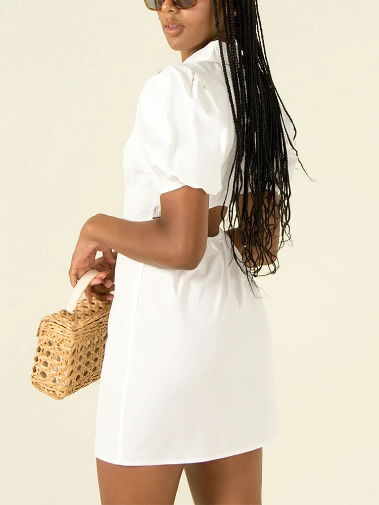 Summer Dresses Women Lapel Short Puff Sleeve Button Up Cotton White Shirt Streetwear Back Waist Cut Out Bodycon Mini
Summer Dresses Women Lapel Short Puff Sleeve Button Up Cotton White Shirt Streetwear Back Waist Cut Out Bodycon Mini
