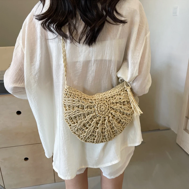 Half Round Rattan Beach Bag - Woven Crossbody with Zipper Closure 6 Sab209e1ed36e45a9b44b06dfbabec7f9f
