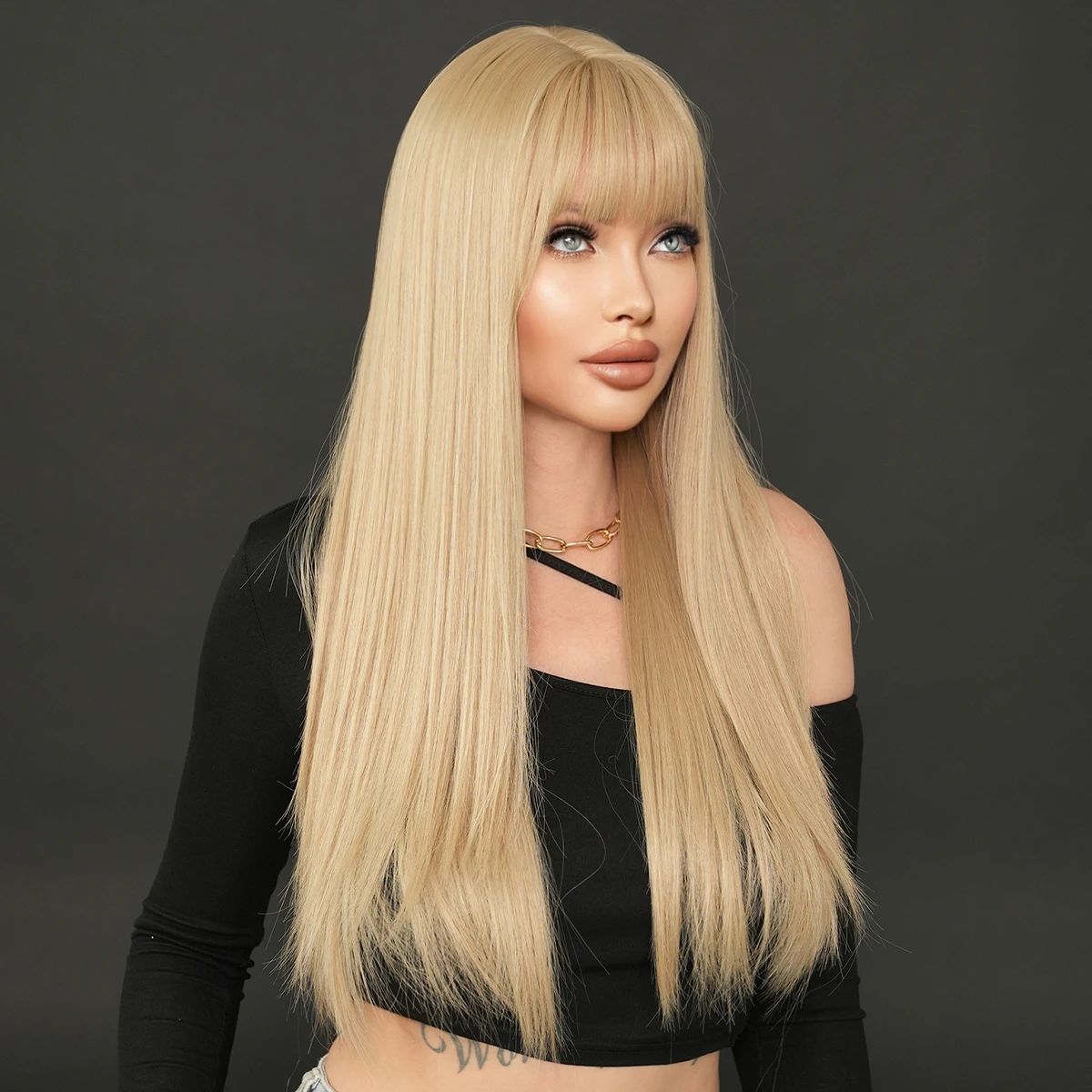 

7JHH WIGS Long Straight Blonde Wigs for Women Daily Party Use High Density Layered Synthetic Hair Wigs with Neat Bangs