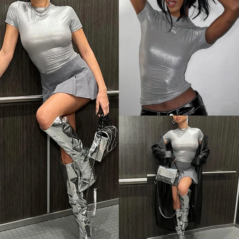 Fashion Metallic Silver Short Sleeve Crop Top for Women Party Nightclub Mock Neck Slim-Fitted T-Shirt Streetwear 10CF
Fashion Metallic Silver Short Sleeve Crop Top for Women Party Nightclub Mock Neck Slim-Fitted T-Shirt Streetwear 10CF