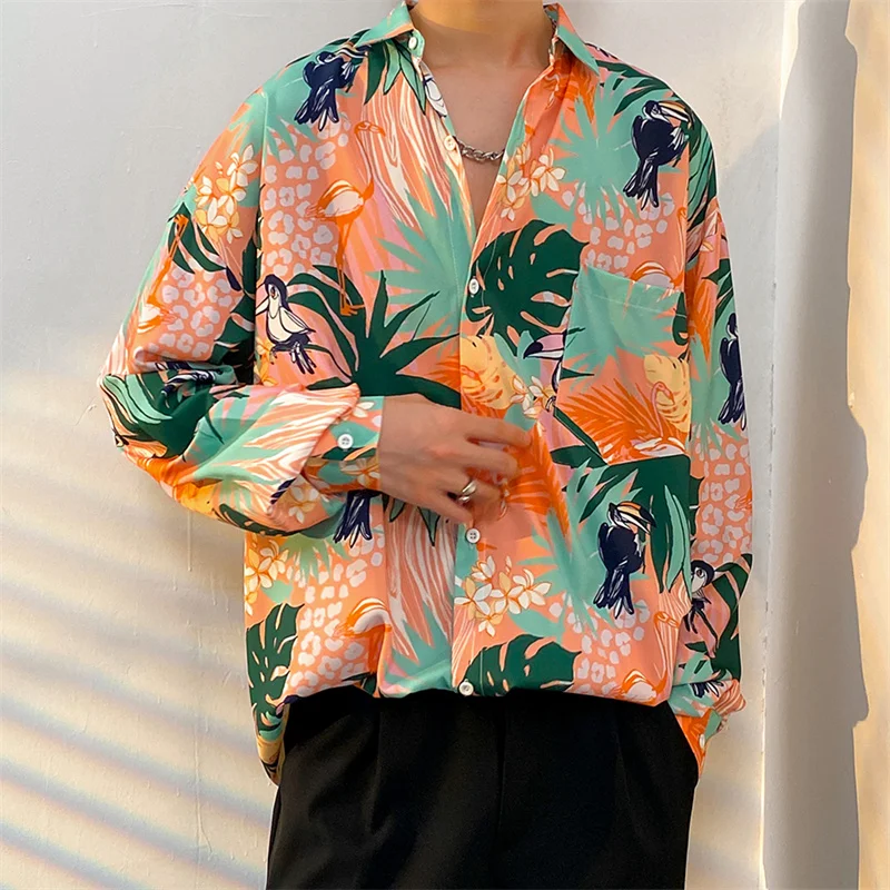 

Spring Autumn Men's Long Sleeve Floral Shirt Fashion Oversized Loose Fitting Handsome Versatile Retro Printed Shirt Jacket