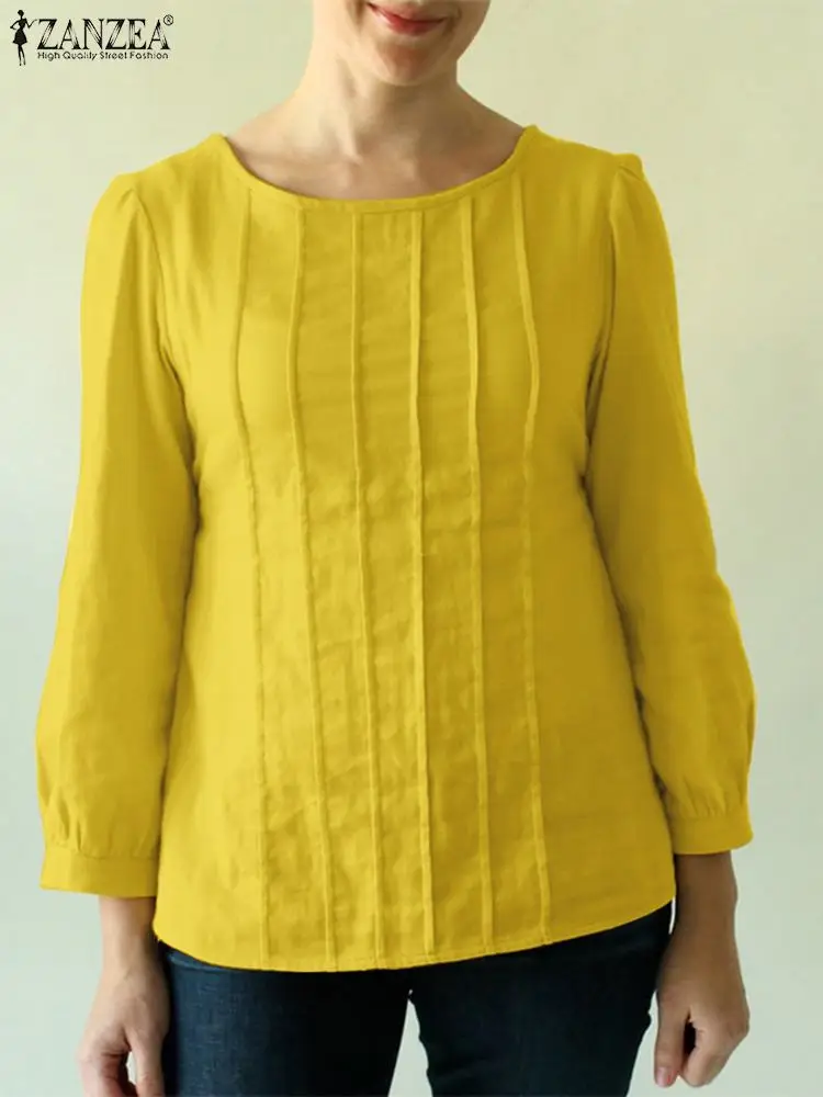 

2024 модная плиссированная блузка ZANZEA, женская элегантная офисная рубашка, весенние Блузы с круглым вырезом и длинным рукавом, однотонная свободная туника, топы оверсайз