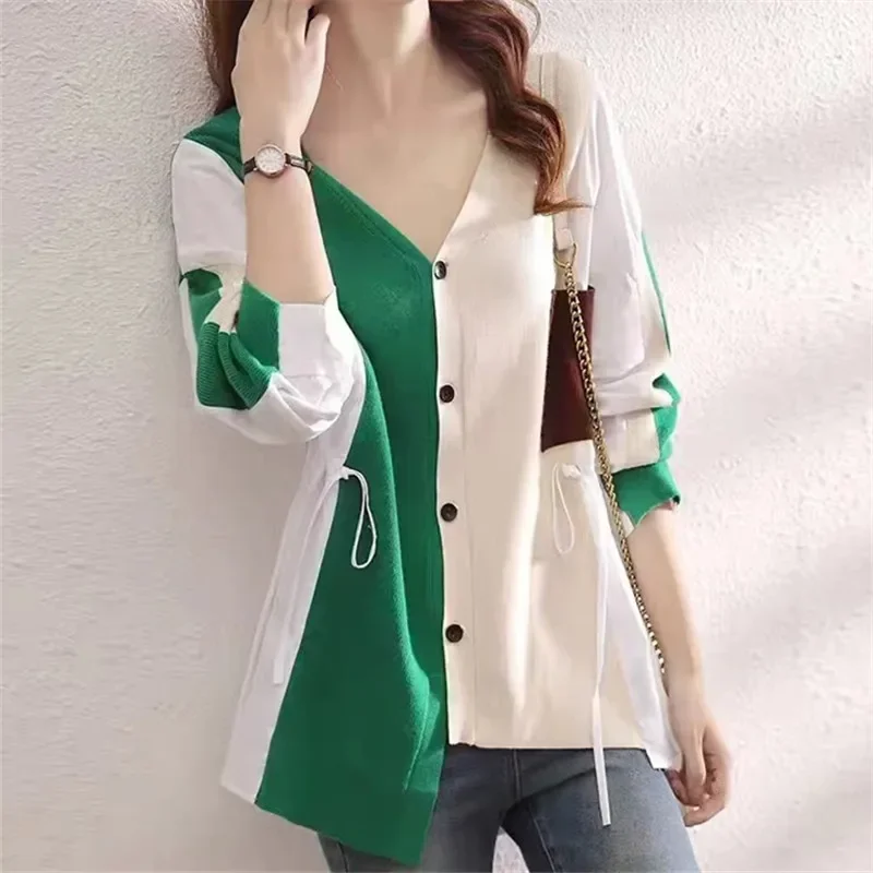 

Autumn Women Office Lady Cardigans Button Long Sleeve Drawstring Knit Coat Sweater Splicing Two Fake Shirts Knitted Cardigan