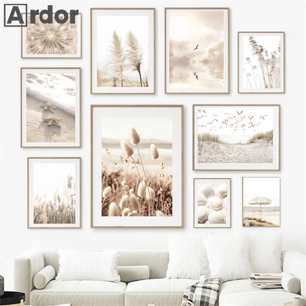 

Lake Beach Landscape Picture Canvas Painting Wall Art Bohemia Beige Grass Flower Reed Poster and Print Home Living Room Decor