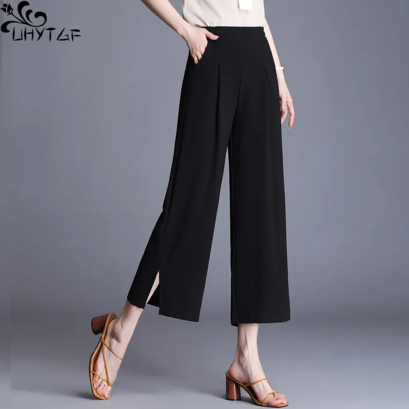 

UHYTGF Chiffon Nine-Point Pants Women Summer Thin Wide Leg Elastic High Waist Large Size Loose Straight Slit Female Casual Pants